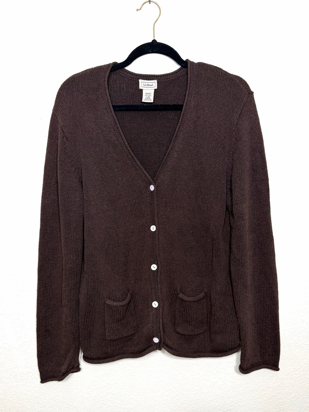 L.L Bean Rolled Hem Cardigan Sweater Chocolate Brown Silk Cotton Size L